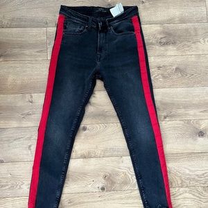 Zara denim black red striped jeans